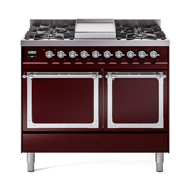 ILVE Nostalgie II Noblesse 40 in Dual Fuel Range, Burgundy/Chrome, Natural Gas