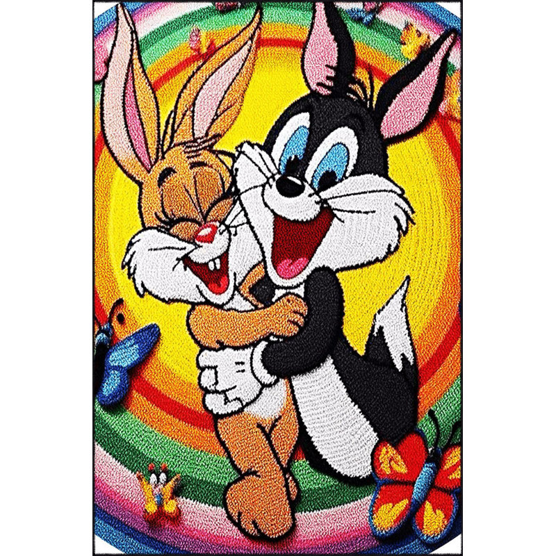 Tapis multicolore à motif de lapin, Carré 4 pi 11 po