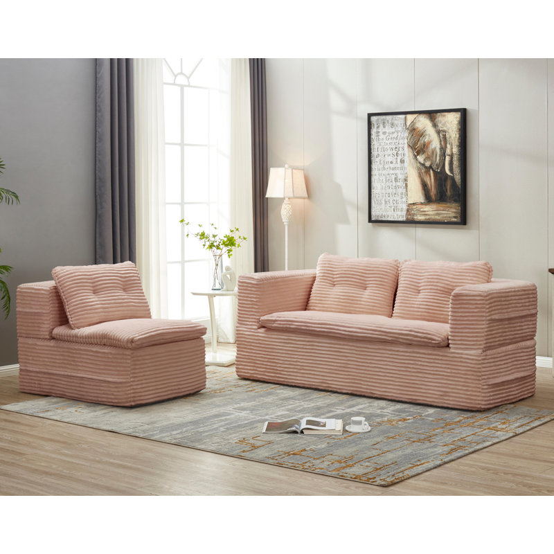 Boneless 80" King-Size Sleeper Sofa Bed Compression Convertible Couch Bed with Blanket, Pink