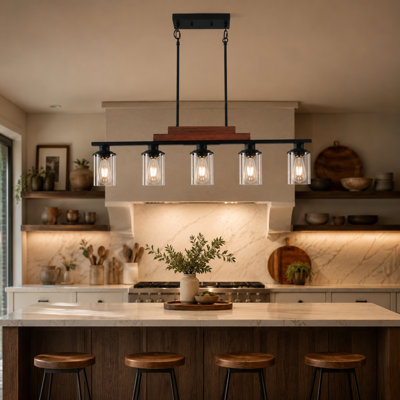 Luminaire suspendu industriel 5 lumières pour îlot de ferme - lustre en métal et bois avec abat-jour en verre transparent (ampoules non incluses)