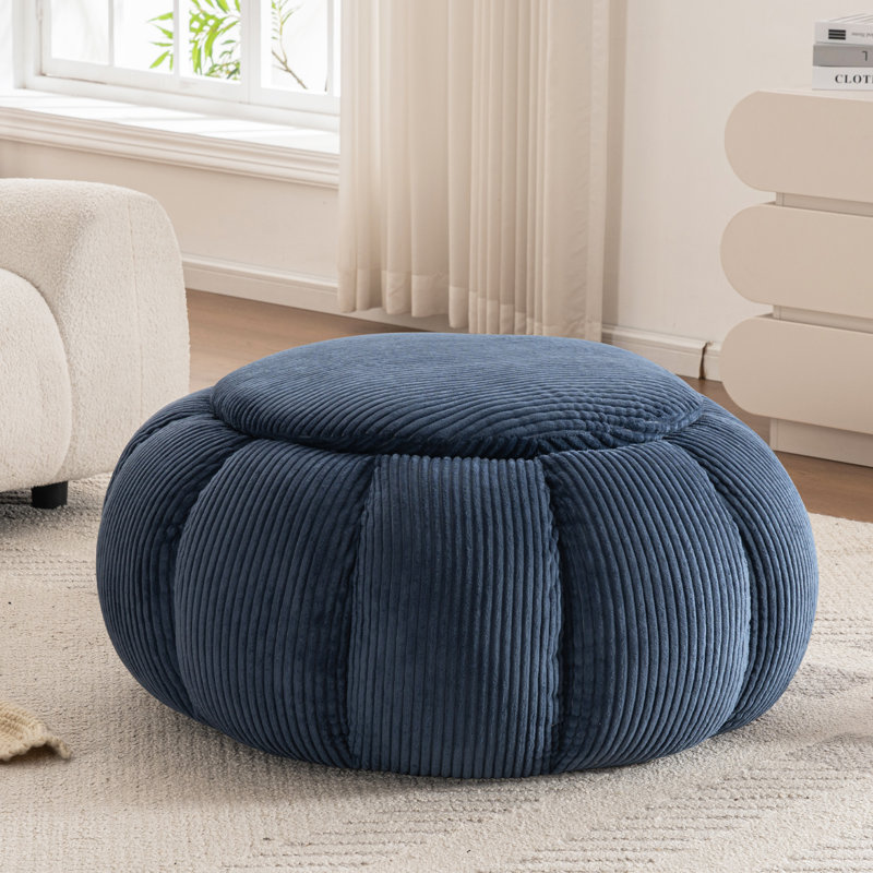 Hobooment 34‘’W Oversized Upholstered Compression  Round Ottoman & Coffee table for livingroom , Corduroy Blue