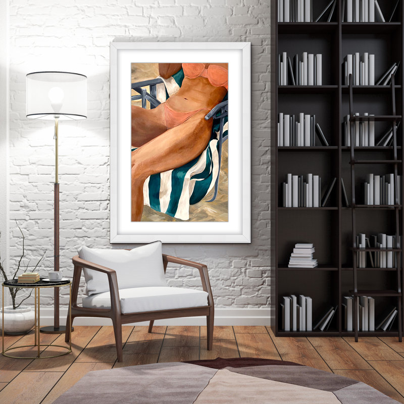 Coastal Retreat Riviera Retreat: Woman Lounging On Beach Towel And Chair, 24" H x 16" W