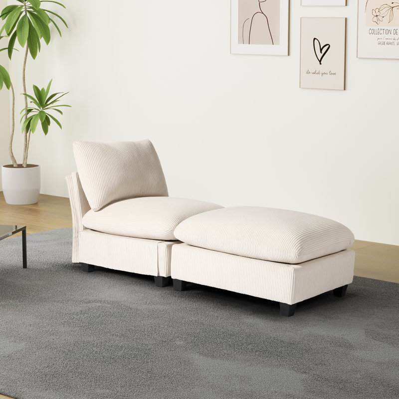Canapé rembourré simple avec repose-pieds Corduroy, Crème, crème