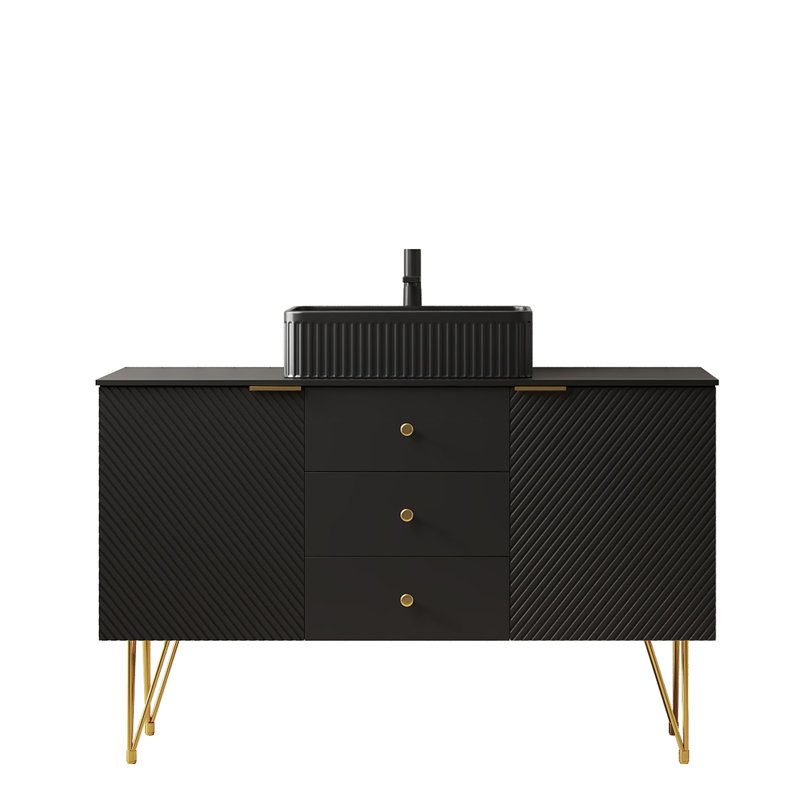 Meuble-lavabo autoportant en contreplaqué de 48 po avec 4 pieds dorés, 3 tiroirs et 2 portes, lavabo en cermaic rectangulaire et plateau en pierre frittée noire, 48 po