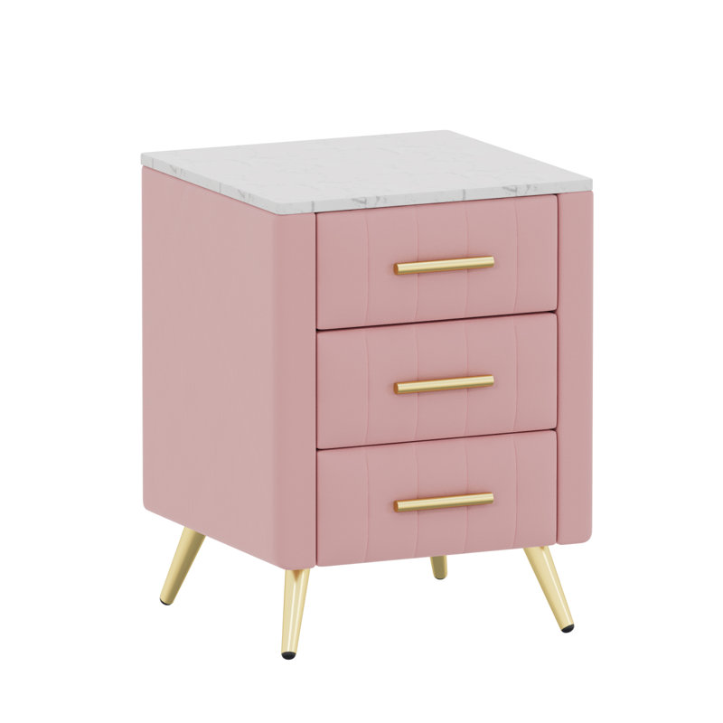Upholstered Wooden Nightstand With 3 Drawers And Metal Legs&Handles, Bedside Table With Marbling Stickers Worktop - Pink