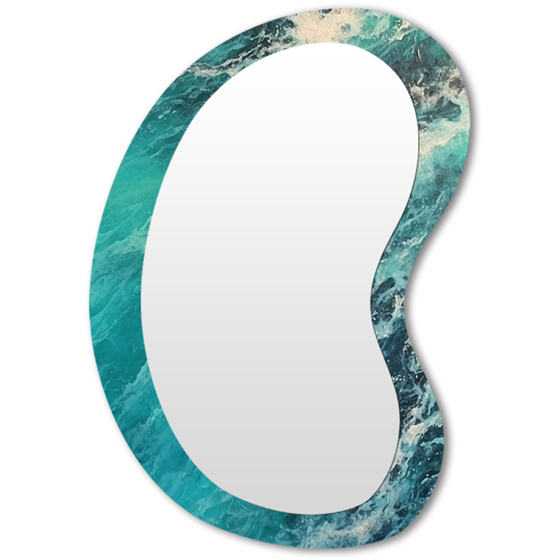 Finneus Aerial View Photograph Turquoise Waves Breaking VI - Waves Asymmetrical Large Wall Mirror, Blue Irregular Shape Unique Mirror, Printed Metal Art