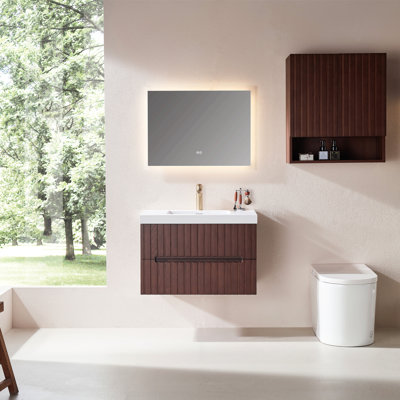 Meuble-lavabo mural simple et flottant en noyer foncé avec bassin blanc intégré en acrylique, armoire pré-assemblée en contreplaqué avec 2 tiroirs