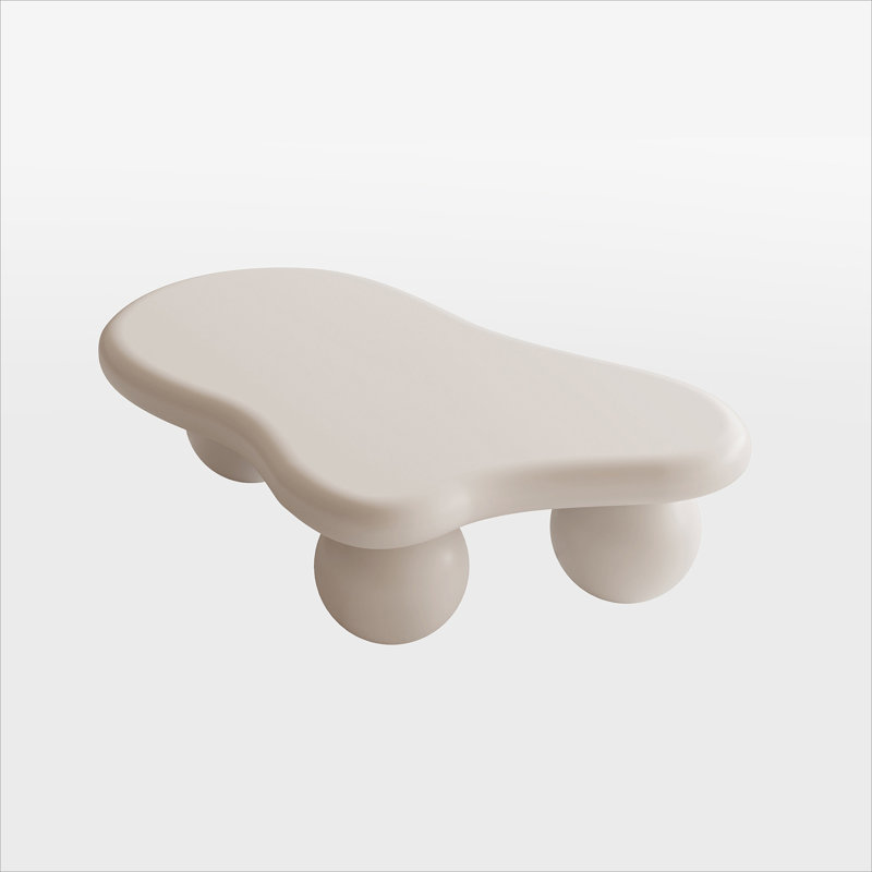 47 Inch Cloud Shaped Coffee Table with 3 Ball Legs for Living Room, Cream White, 13.78" H x 47.2" W x 31.5" D
