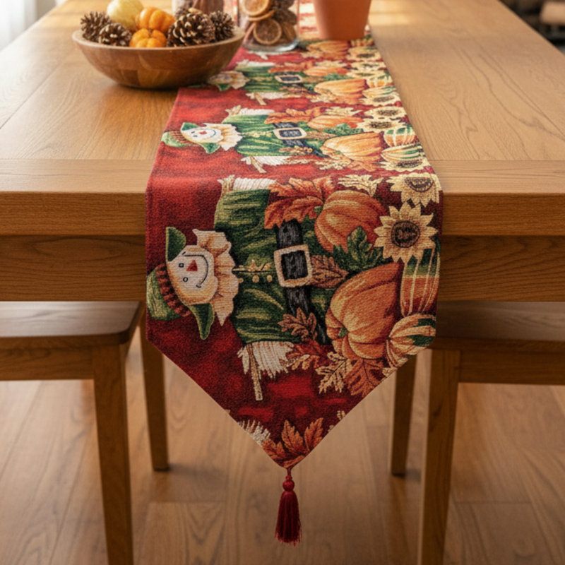 Ulises Pumpkin Patch Scarecrow Woven Tapestry Table Runner, 90" W x 13" L