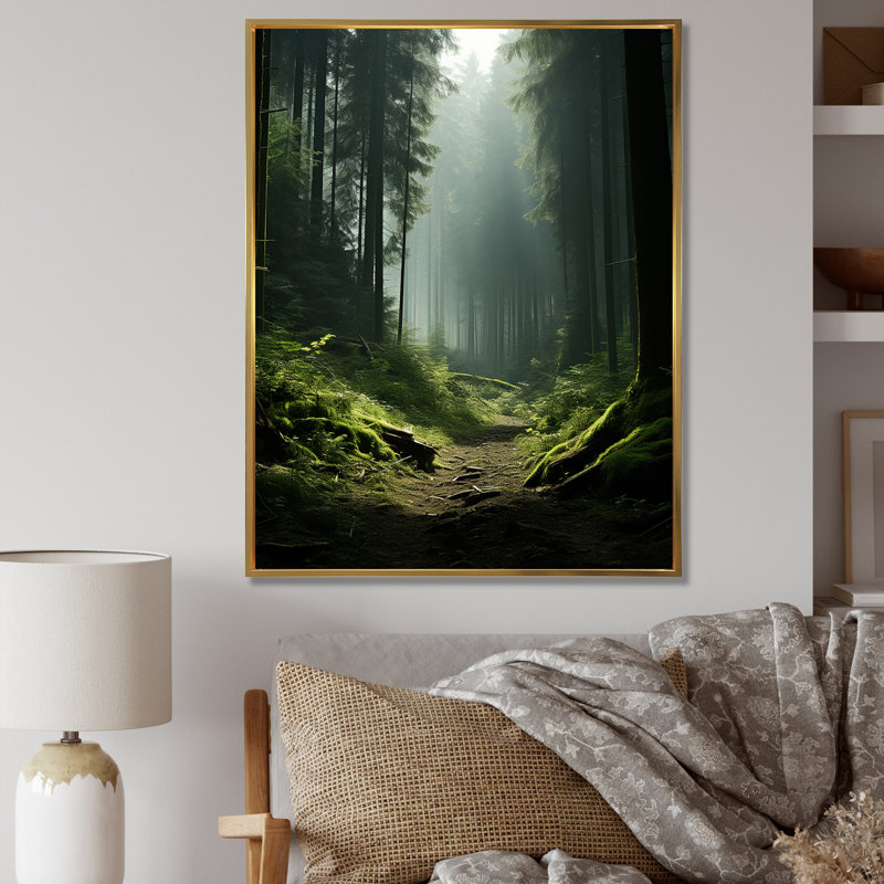 «Deep Into The Forest» - art mural forêt, H 40 po x l 30 po x P 1,5 po, Cadre simple argenté