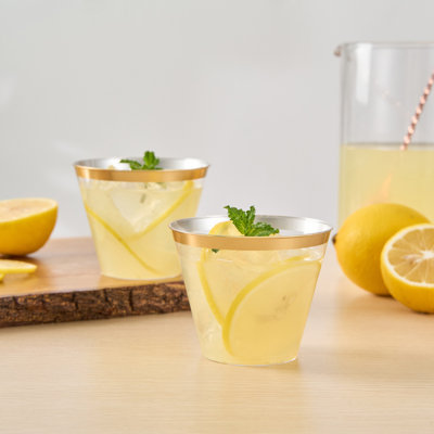 Restaurantware 9 oz Plastic Cups 500 Count Chef 101 Clear Disposable Cup with Gold Rim Drinkware Cold Beverage Tumbler Durable Design for Parties and Events