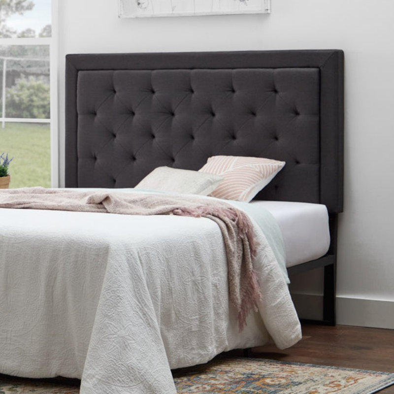Lucid Upholstered Headboard with Square Border and Diamond Tufting, Adjustable Height 51.3"–59.1", Dark Gray, Queen, Queen