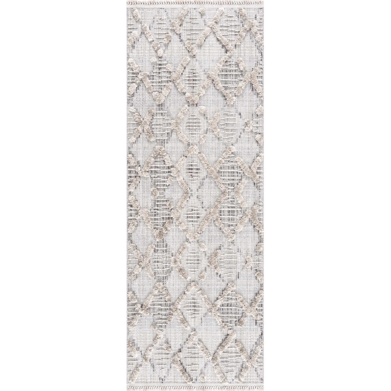 Tapis gris géométrique en polyester tissé à la machine, Tapis de couloir 2 pi 7 po x 7 pi 3 po