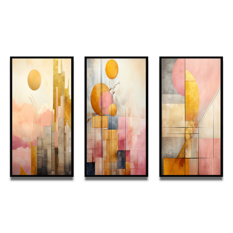«Golden Moon Dreams Retro Illustration IV», 3 pièces, Cadre flottant noir, H 40 po x l 60 po