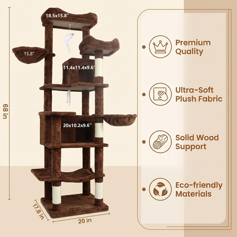 Arbre à chat de 68 po de hauteur à plusieurs niveaux avec hamacs, panier suspendu, grotte pour chat, coussin amovible, poteaux à griffer - tour de chat en peluche pour chats d'intérieur