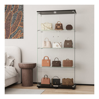 Glass Display Cabinet with 4-Shelf Double Doors and Lock, Curio Cabinet 5mm Tempered Glass Floor Standing Bookshelf for Living Room, Bedroom, Office, Black
