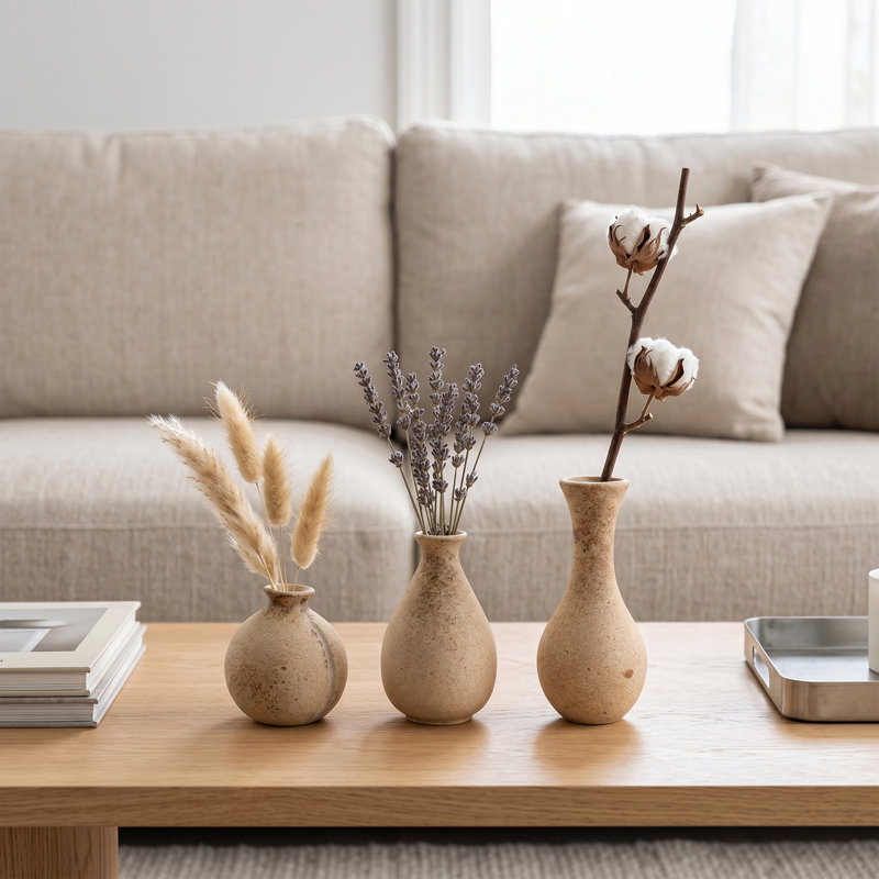 Ensemble de vases 3 pièces, vases en bois texturé aux formes graduées pour console, tablette ou manteau de cheminée