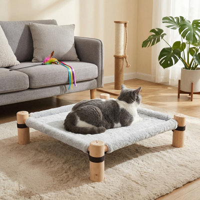 Wooden Elevated Cat/Dog Bed with Plush Winter Fabric, Raised Pet Cot Furniture for Small Dogs, Cats & Small Animals, Warm Indoor Lounger, Portable & Washable