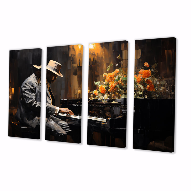 Floral Piano Jazz Room Elegance I - Ensemble de 4 pièces d'art mural, H 32 po x l 64 po
