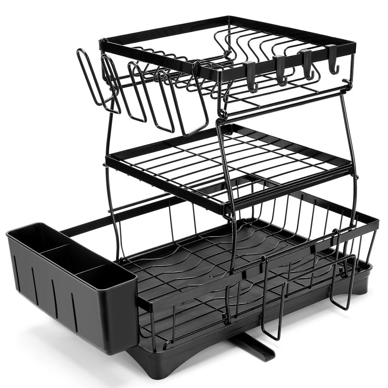 3-Tier Black Metal Dish Drying Rack with Utensil Cup