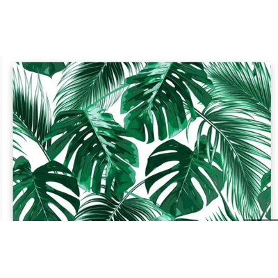Bold Green Tropical Monstera Palm Leaf Wall Mural White Background Botanical Illustration Panoramic Large Format Accent Wall Art