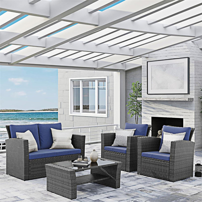 Canapé modulaire d'extérieur 4 pièces avec table basse en verre trempé