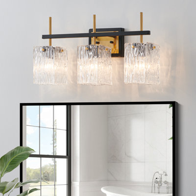 Meuble-lavabo à 3 lumières à intensité variable noir clair et or brossé avec abat-jour en verre texturé