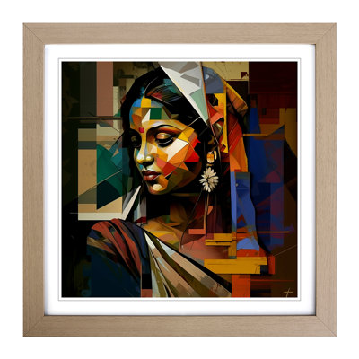 Indian Woman Cubism - Single Picture Frame Print on Wood