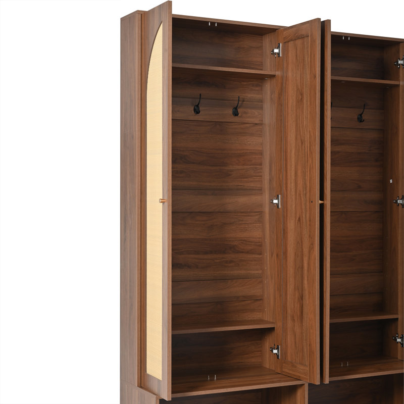 Farmhouse Widen Hall Tree With 4 Rattan Doors, Versatile 4-in-1 Seating Bench With 6 Hooks, Mid-century Entryway Shoe Cabinet With Adjustable Shelf For Living Room, Walnut, 55.1"w