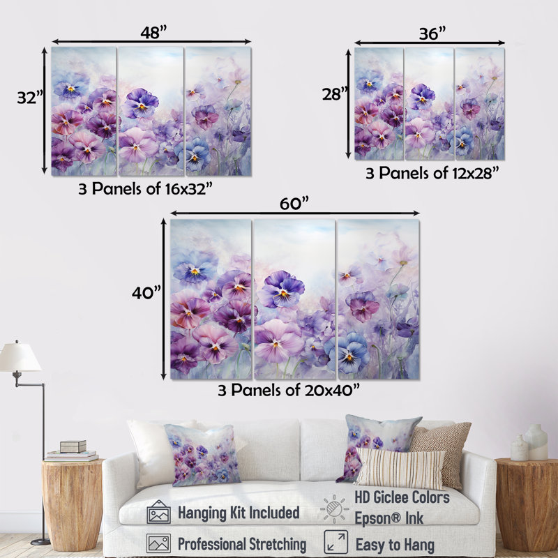 Ensemble de salon mauve avec fleurs mauves, Toile tendue, H 32 po x l 48 po x P 1 po