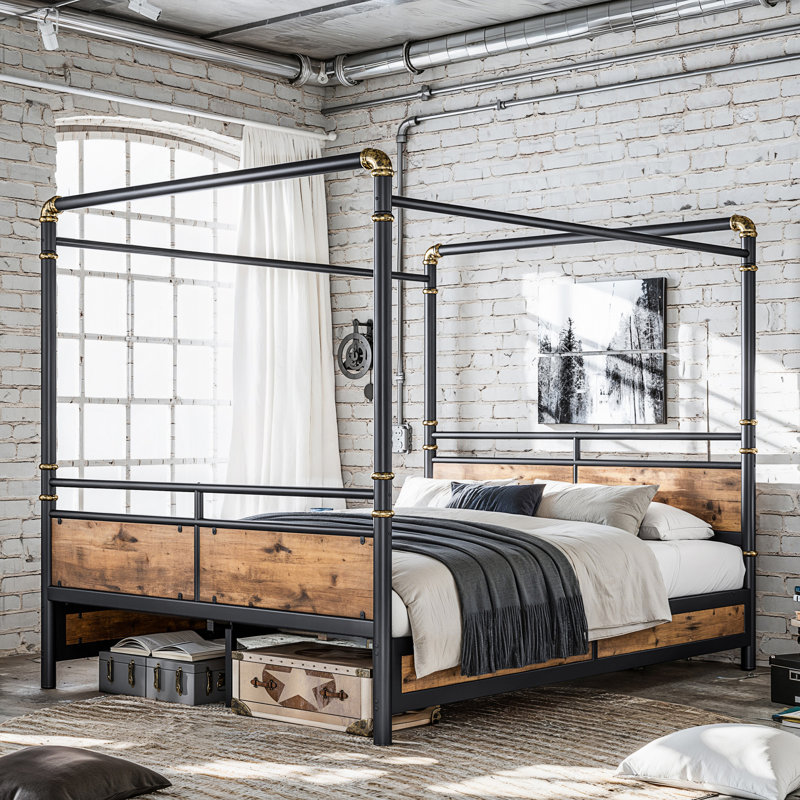 Queen Size Metal Canopy Bed, Upgraded Round-Pipe Metal Bed Frame