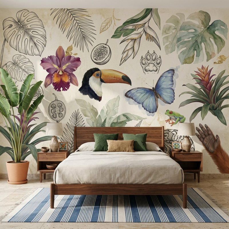 Papier peint tropical avec papillon bleu Toucan, 160 po x 108 po, Peler et coller