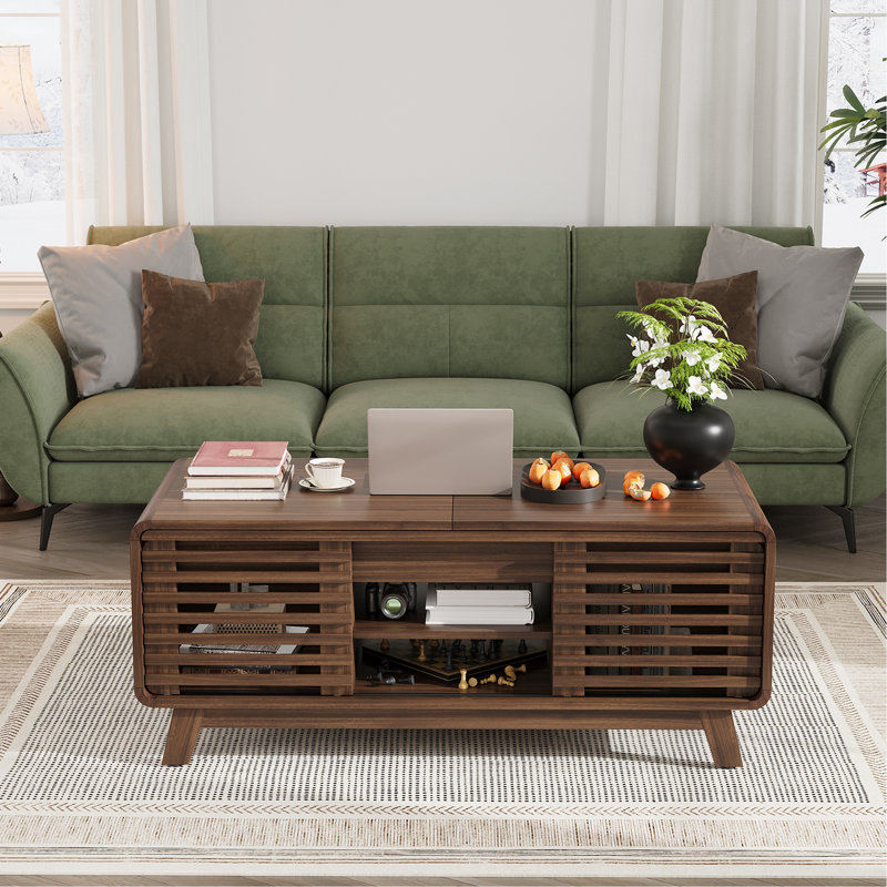 Table basse avec plateau coulissant, centre en bois de 47 po avec portes de rangement et portes coulissantes, noyer