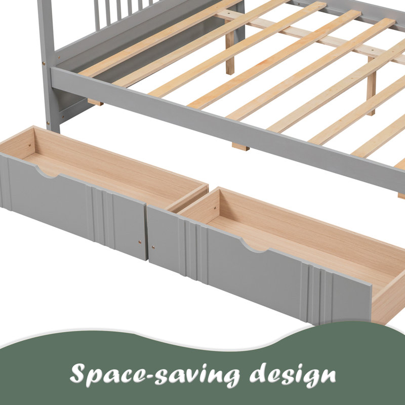 Full Size Daybed Wood Bed With Two Drawers, Gray