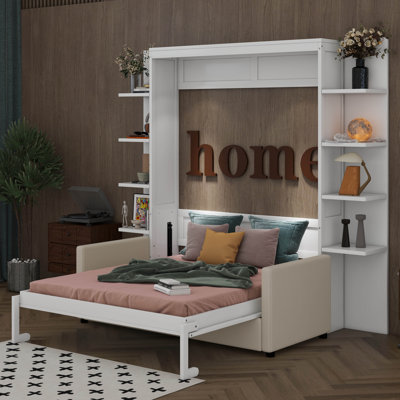 Lit escamotable moderne avec lit escamotable et cadre de lit plateforme pliable avec tablettes
