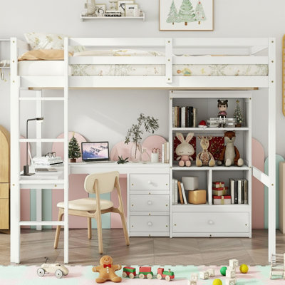 Full Size Wooden Loft Bed With Desk, Storage Shelves, Drawers & Built-in Ladder, High Loft Bed With Guardrails For Kids/teens, Space-saving Bedroom Fu by Hokku Designs