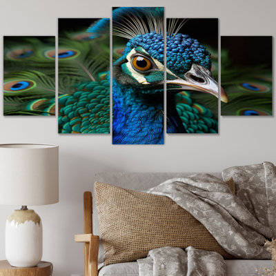 «Teal Green Peacock Portrait», reproduction d'art murale animaux - 5 panneaux