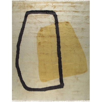 Tapis jaune en laine noué à la main à motif abstrait rétro Mid-Century