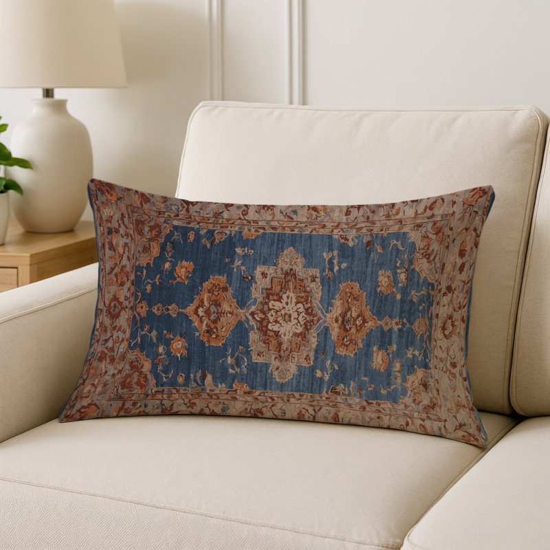 Coussin décoratif intérieur et extérieur Modern, Denim bleu / brun clair / beige damassé 1, Rectangle H 20 po x l 14 po