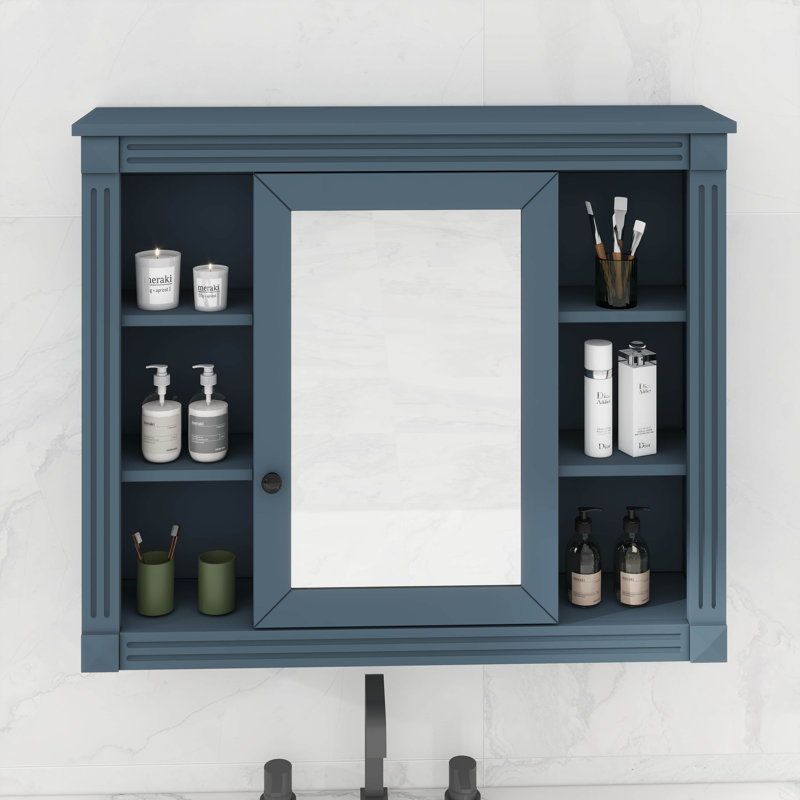 Armoire de rangement murale avec miroir, 6 tablettes ouvertes, Bleu