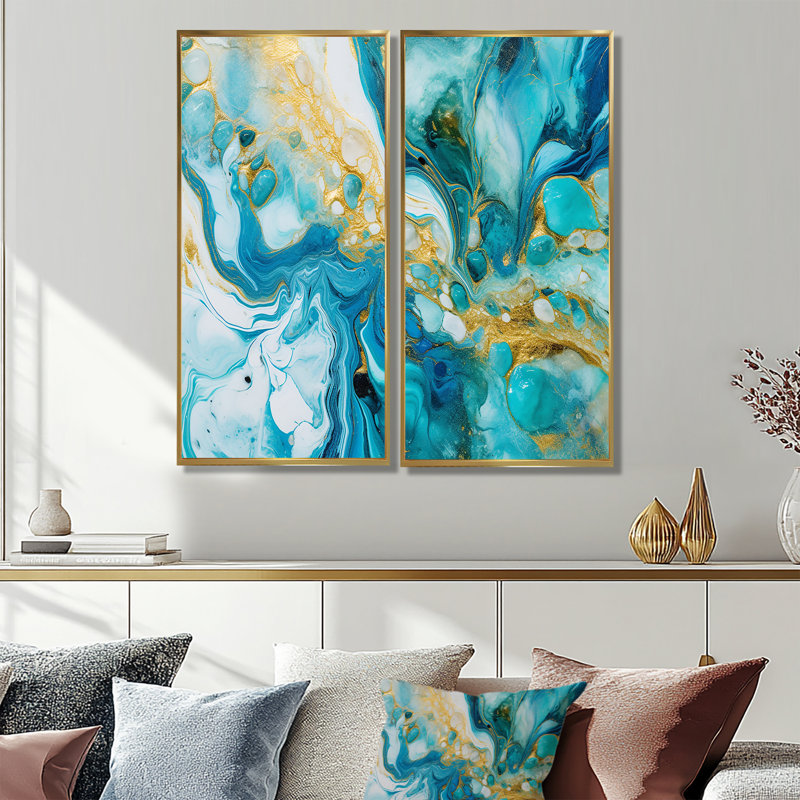 Turquoise luxueux, art fluide abstrait, art moderne sur toile, 2 panneaux, 40" H x 40" W, Impression encadrée flottante, Gold