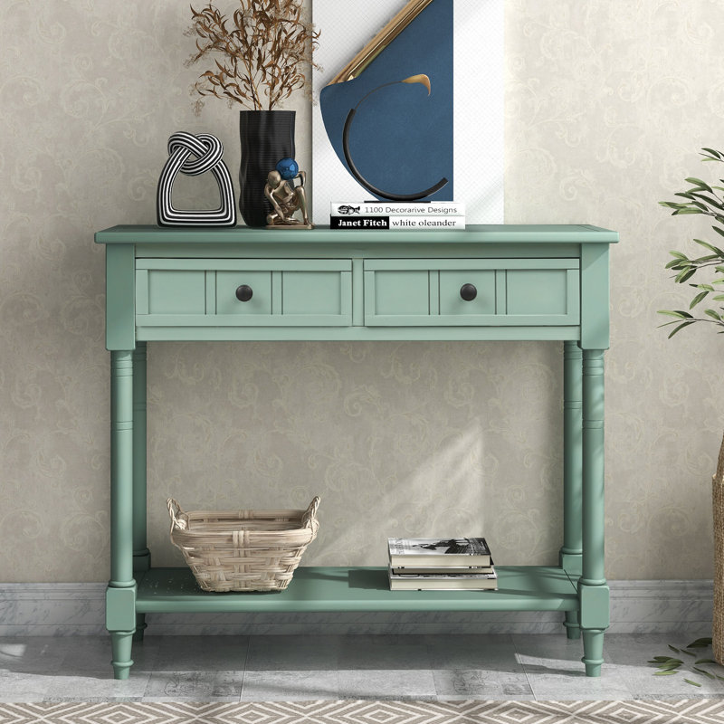 Console de style traditionnel avec deux tiroirs et une tablette inférieure, Bleu