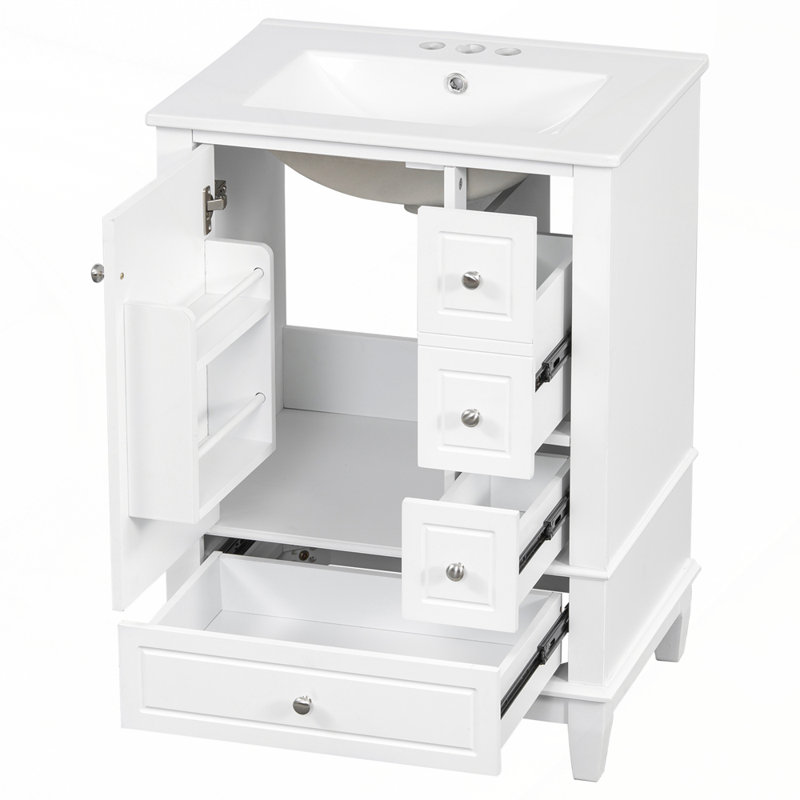 Meuble-lavabo compact tout-en-un avec lavabo en céramique intégré et rangement spacieux, Blanc