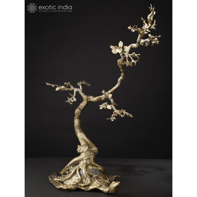 Sculpture d'arbre sur tortue 23 po - Art moderne en laiton et en pierre fabriqué à la main - Décoration contemporaine symbolique