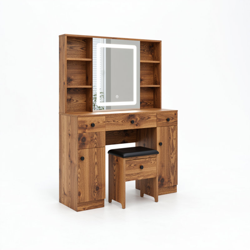 Kimrey Vanity Desk with Llight Sliding Mirror and 7 Drawers,  Makeup Vanity Table Set for Bedroom, Vinatge Brown