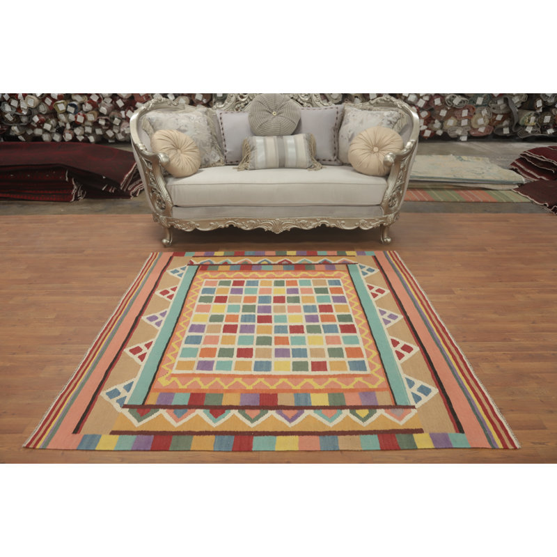 Tapis à carreaux oriental en laine à carreaux 6 x 6