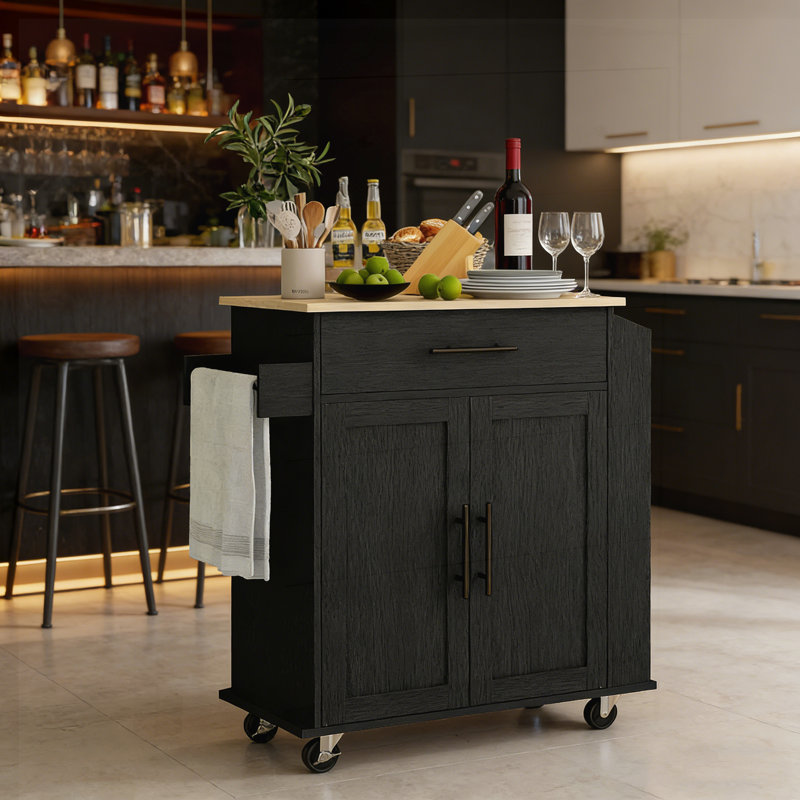 Rolling Kitchen Island with AC Outlets, USB Ports, Storage Cabinet, Spice Rack, and Towel Holder for Modern Kitchens., Black