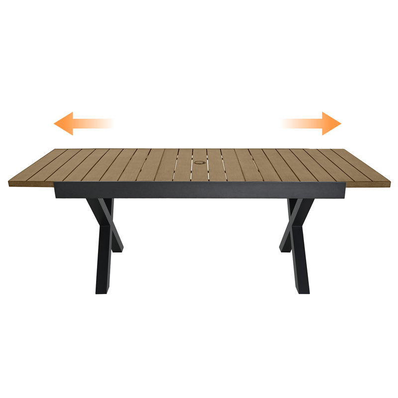 Teak Expandable Outdoor Dining Table for 8, Never-Rust Aluminum Patio Dining Table, 63''-83'' X-Shaped Extendable Dining Table with Umbrella Hole for Garden Porch Deck Indoor or Outdoor Meals