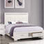 Grand lit plateforme moderne blanc glamour avec tête de lit et tiroirs de rangement rembourrés en similicuir, paillettes argentées, cadre en bois, tête de lit, rangement des tiroirs, décorations, meubles