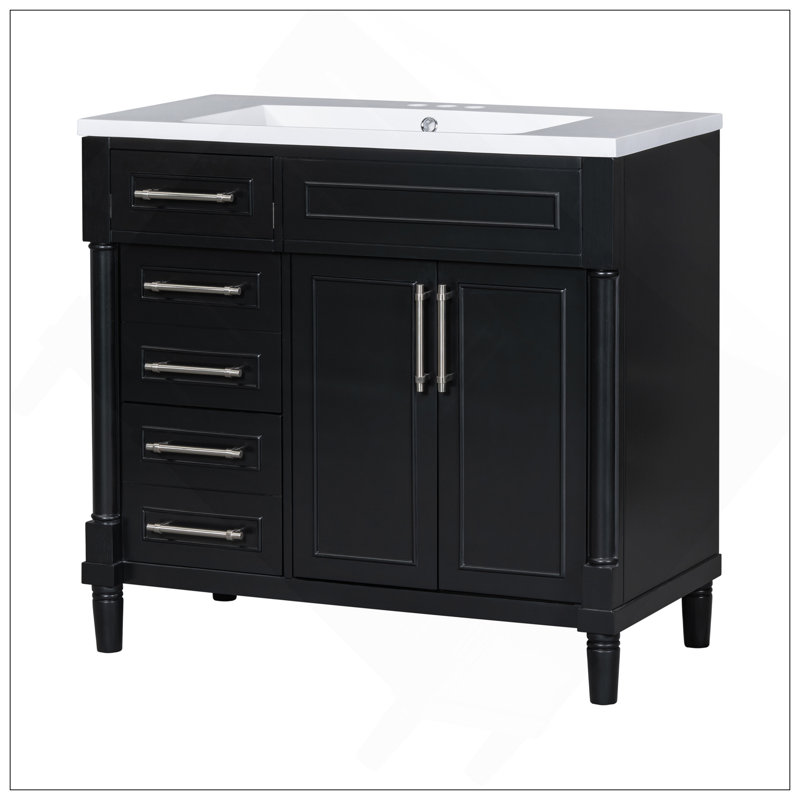 Meuble-lavabo de 36 po avec lavabo en résine supérieur, armoire de rangement autoportante avec 2 tiroirs et un tiroir basculant, ensemble de meuble-lavabo avec cadre en bois massif, tablette à hauteur réglable